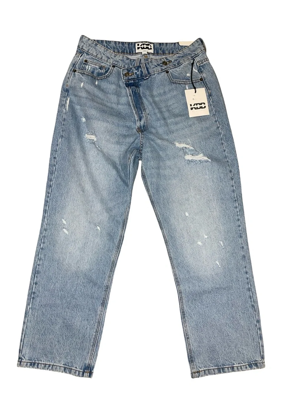 NWT KBB by KAHLANA The Dylan Jean Crossover Asymmetric Waist Light Wash